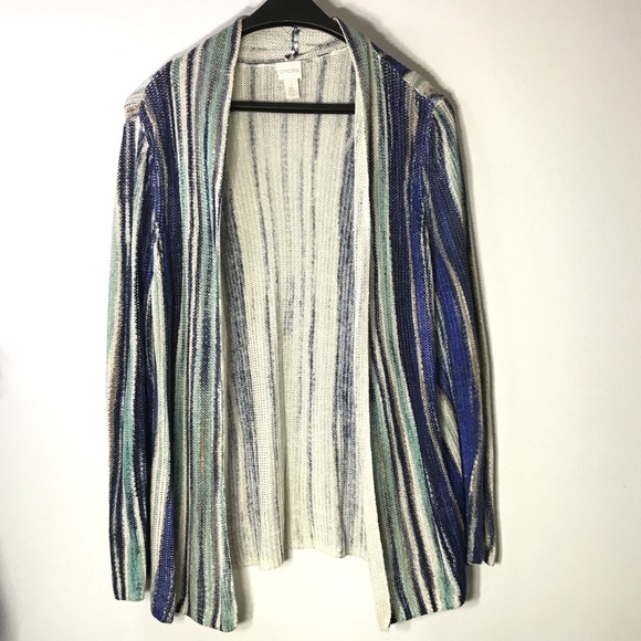Chicos Womens Lightweight Knit Cream Blue Throw Open Beach Sweater  3 XL/16 - Picture 1 of 7